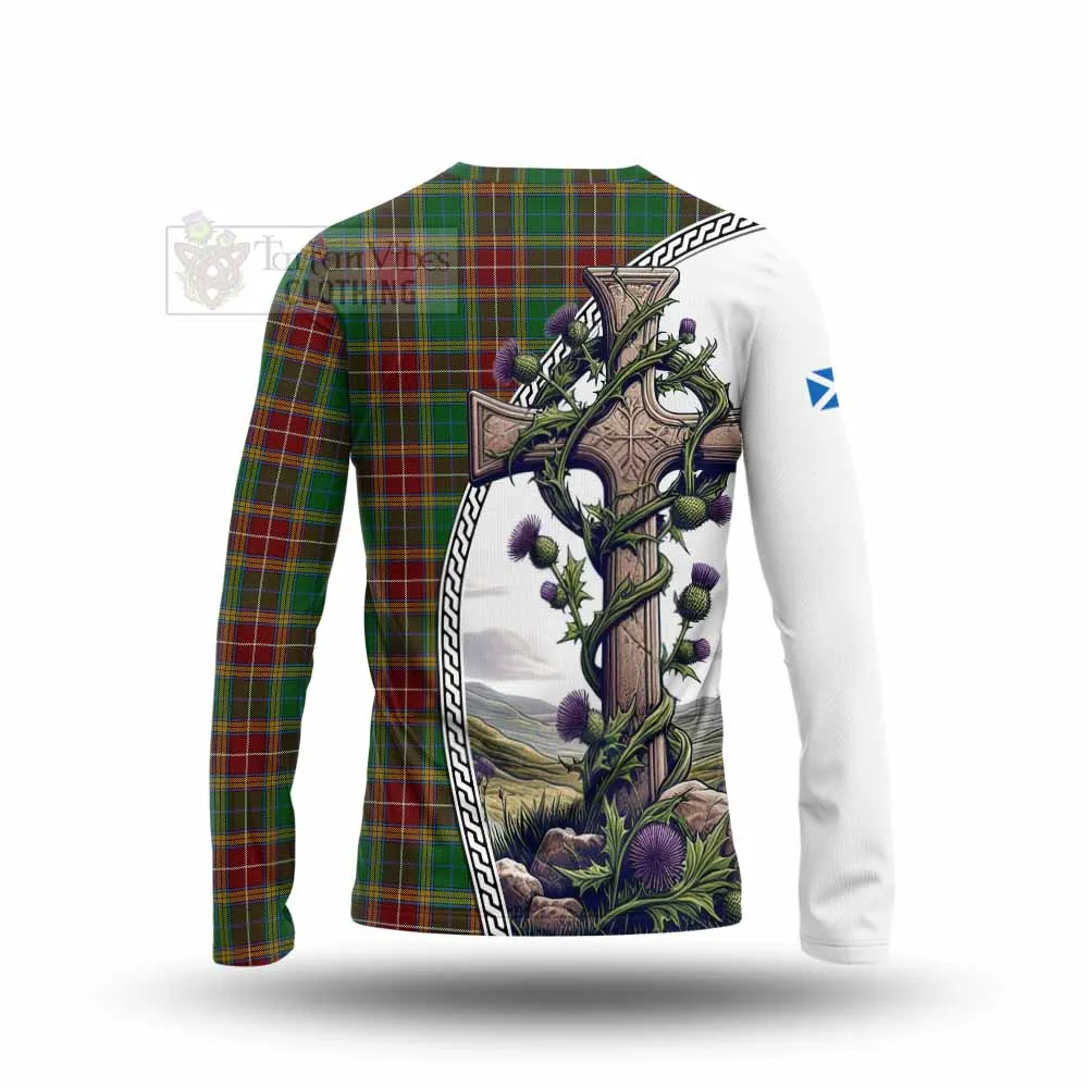 Baxter Tartan Long Sleeve T-Shirt with Family Crest and St. Andrew's Cross Accented by Thistle Vines