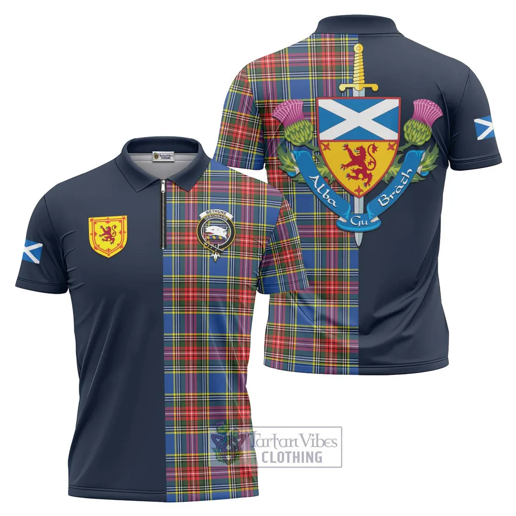 Bethune Tartan Zipper Polo Shirt Alba with Scottish Lion Royal Arm Half Style