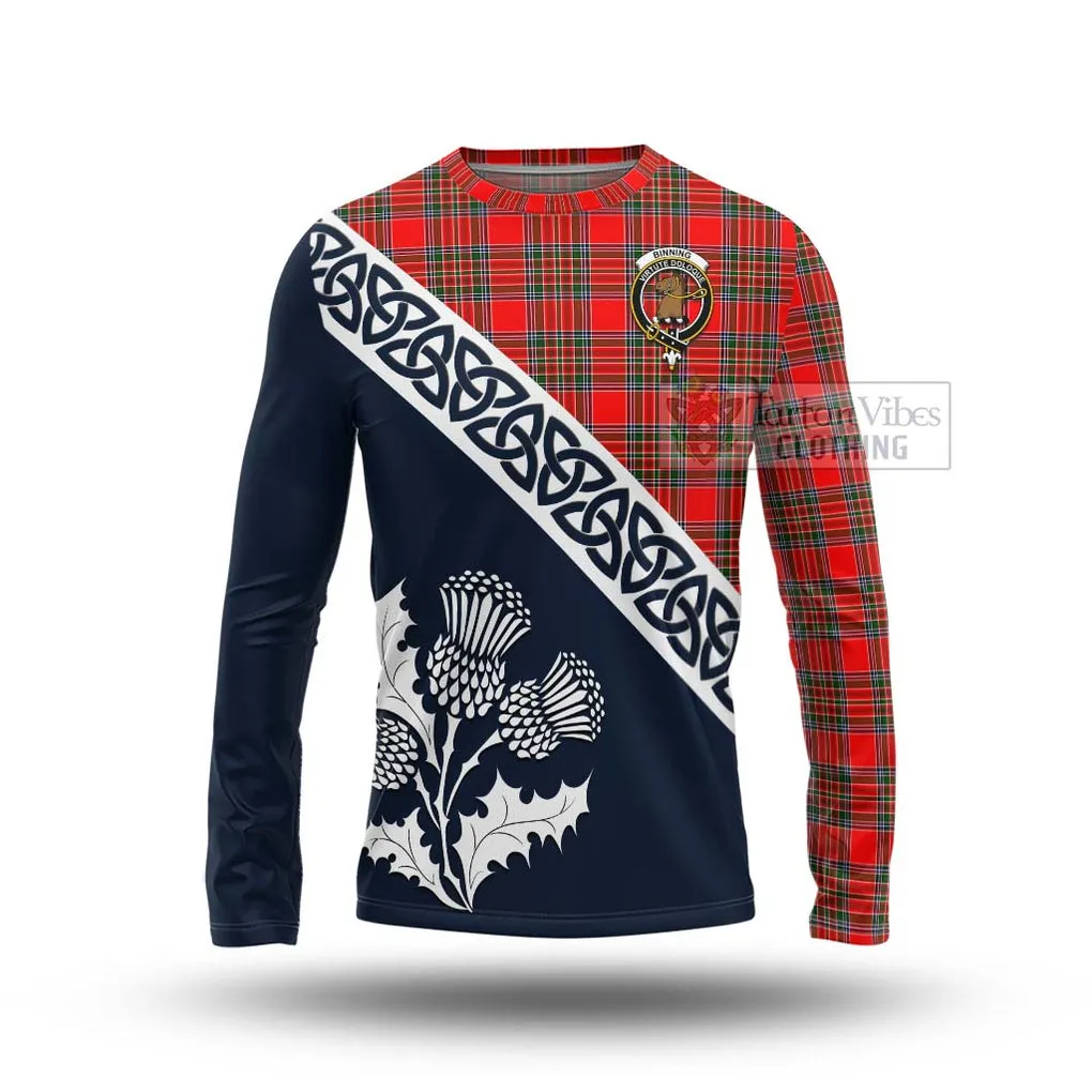 Binning Tartan Long Sleeve T-Shirt Featuring Thistle and Scotland Map