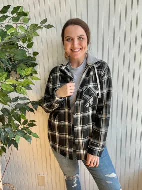 Black & White Lightweight Plaid Shacket with Hood