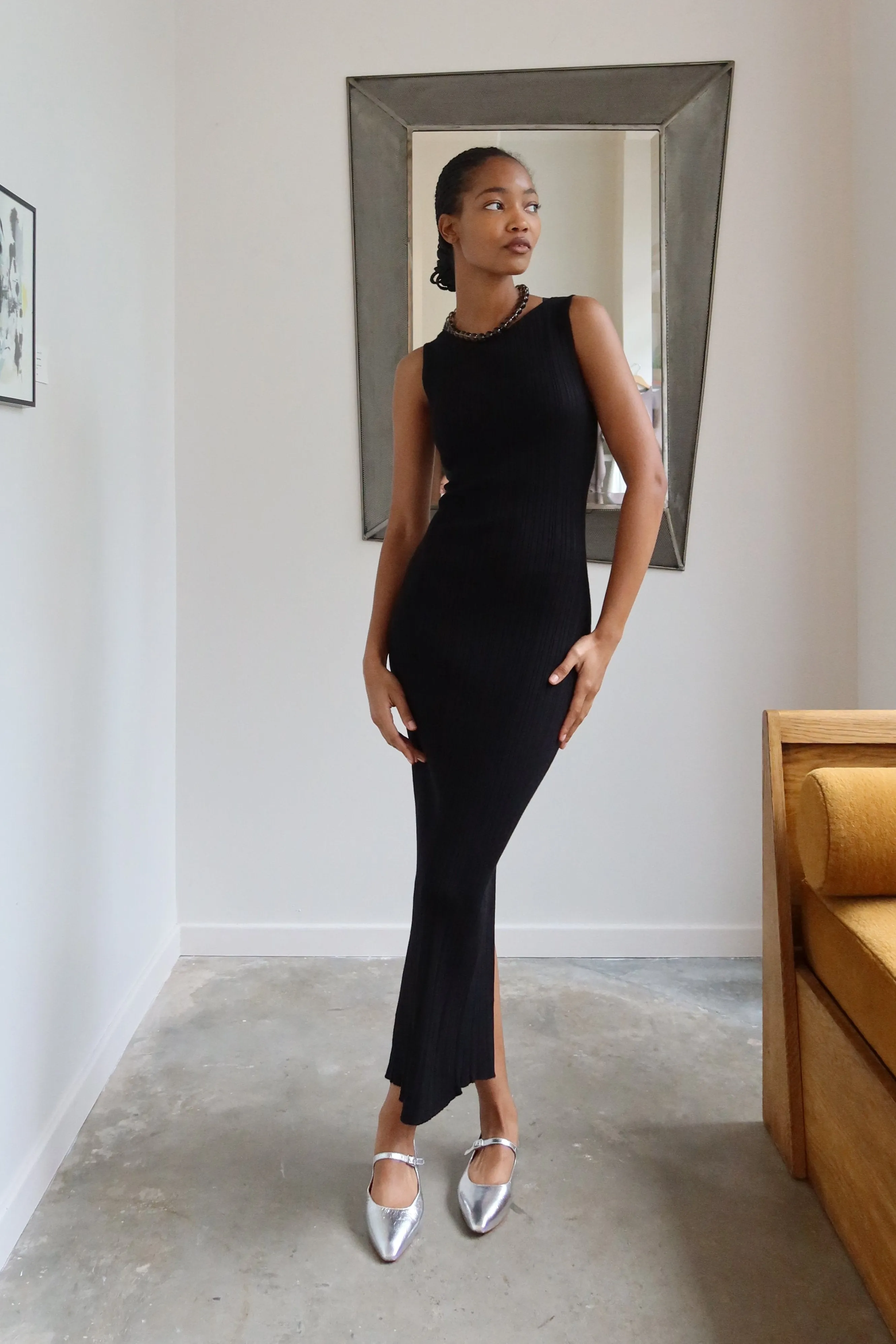 Black Fitted Ribbed Knit Maxi Dress