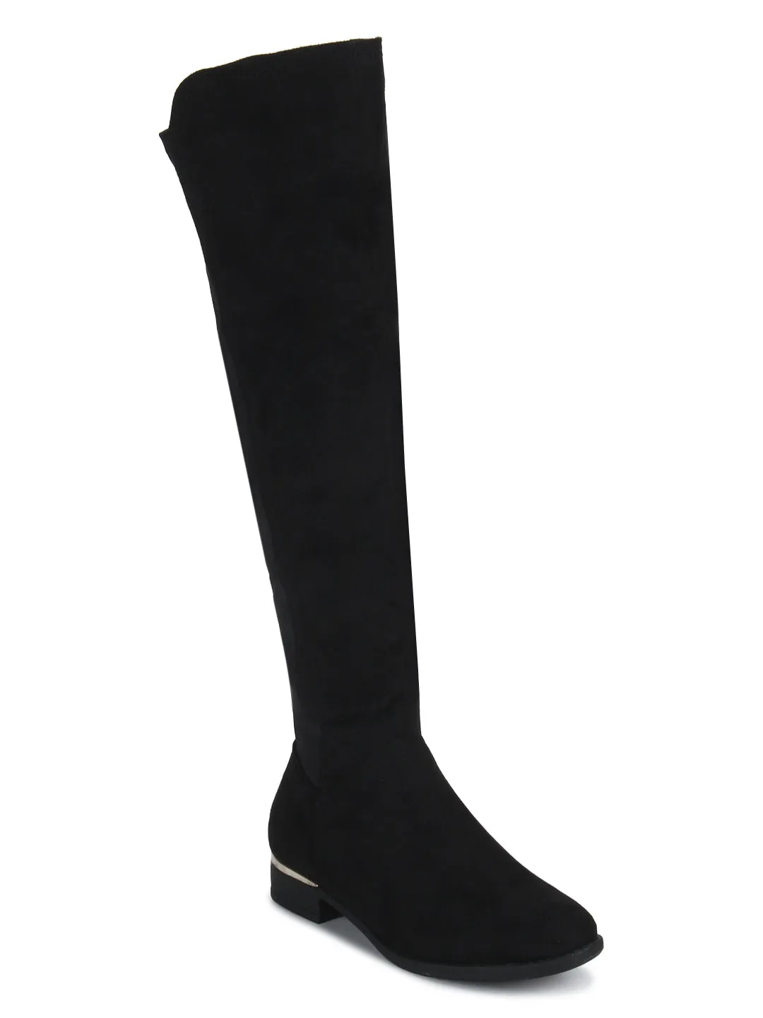 Black Micro Low Heel Golden Detailed Long Boots