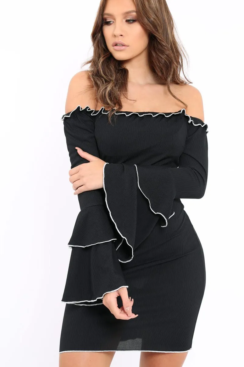 Black Ribbed Bell Sleeve Mini Dress - Ariana