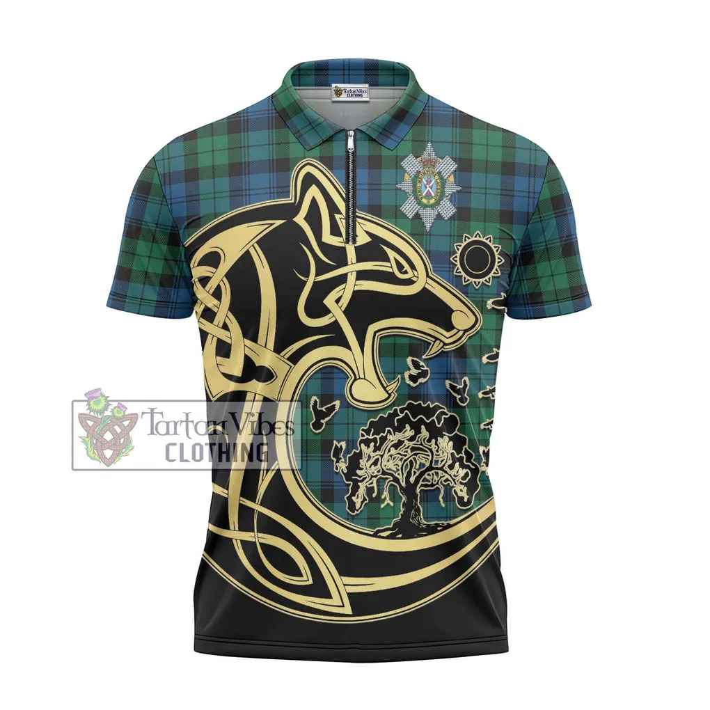 Black Watch Ancient Tartan Zipper Polo Shirt with Family Crest Celtic Wolf Style