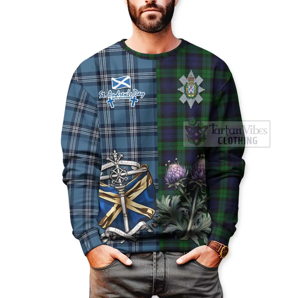 Black Watch Tartan Sweatshirt Happy St. Andrew's Day Half Tartan Style