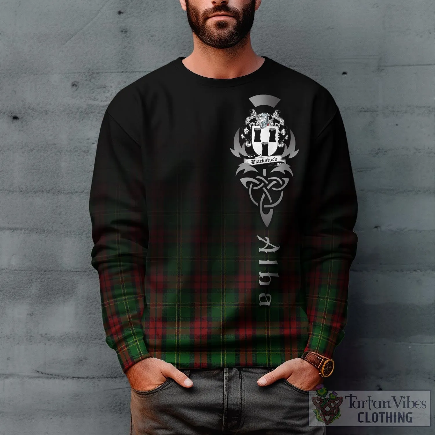 Blackstock Hunting Tartan Sweatshirt Featuring Alba Gu Brath Family Crest Celtic Inspired