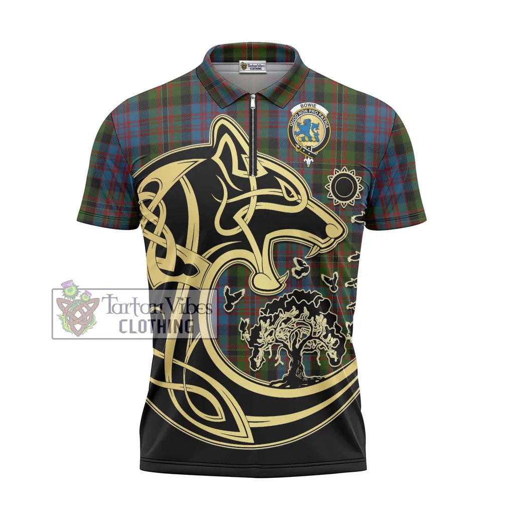 Bowie Tartan Zipper Polo Shirt with Family Crest Celtic Wolf Style