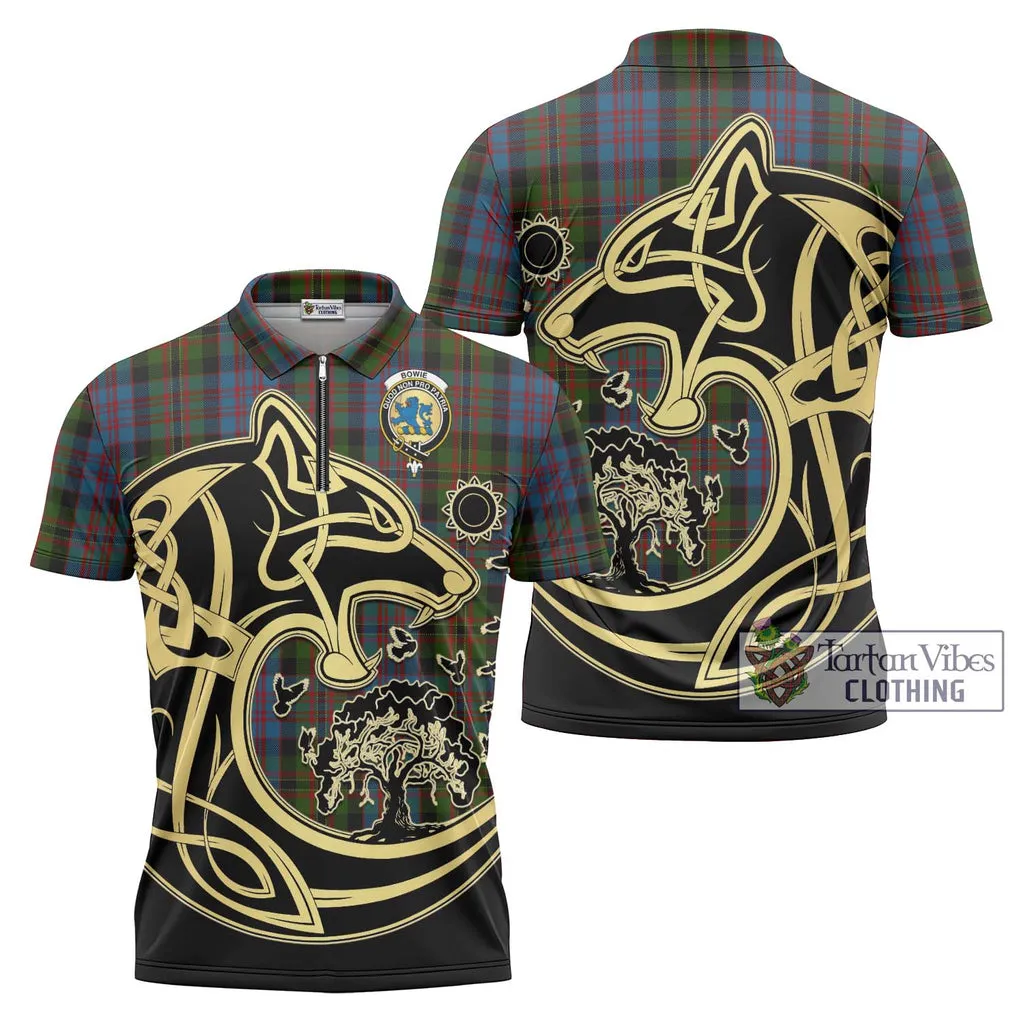 Bowie Tartan Zipper Polo Shirt with Family Crest Celtic Wolf Style