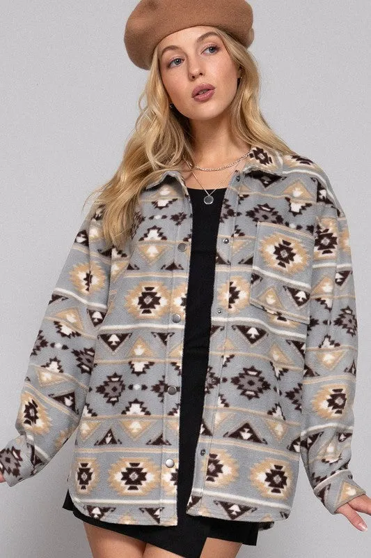 BRE LONG SLV PRINTED FLEECE SHACKET