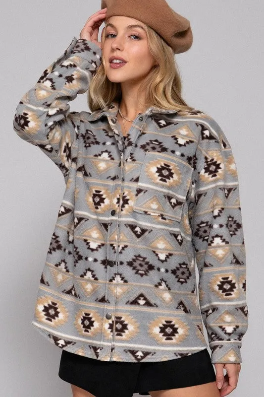 BRE LONG SLV PRINTED FLEECE SHACKET