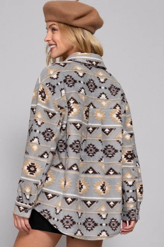 BRE LONG SLV PRINTED FLEECE SHACKET