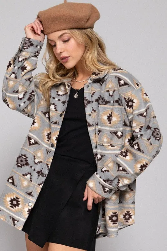 BRE LONG SLV PRINTED FLEECE SHACKET