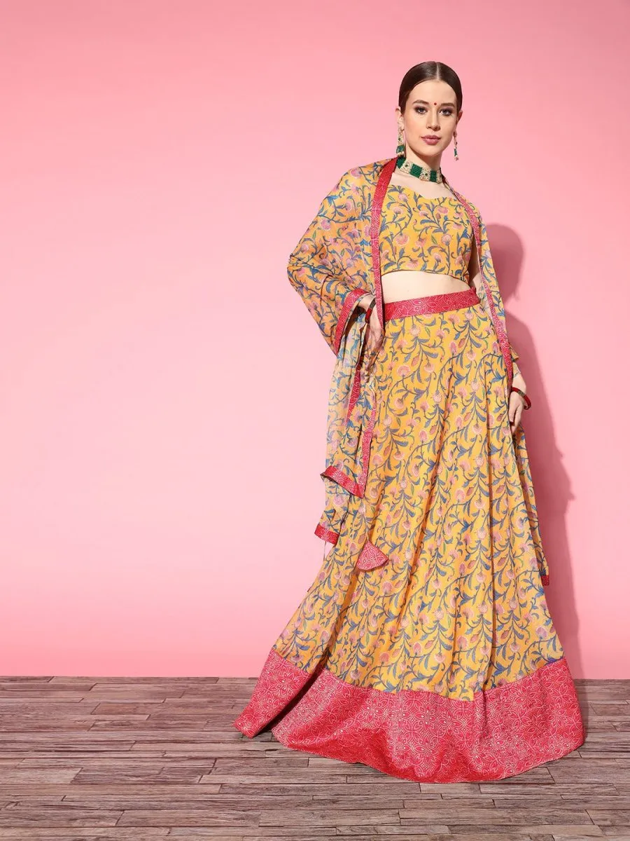 Bright Mustard Printed Semi-stitched Lehenga Choli With Dupatta