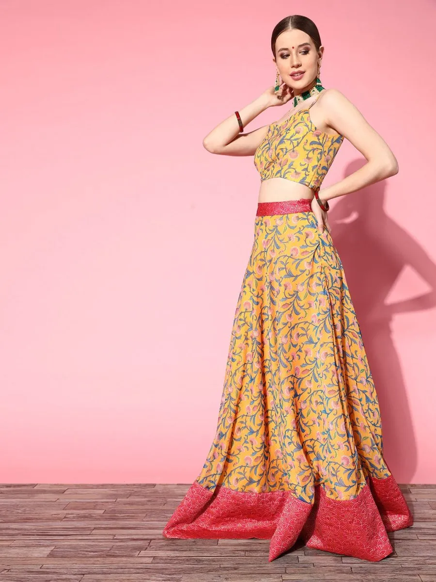 Bright Mustard Printed Semi-stitched Lehenga Choli With Dupatta