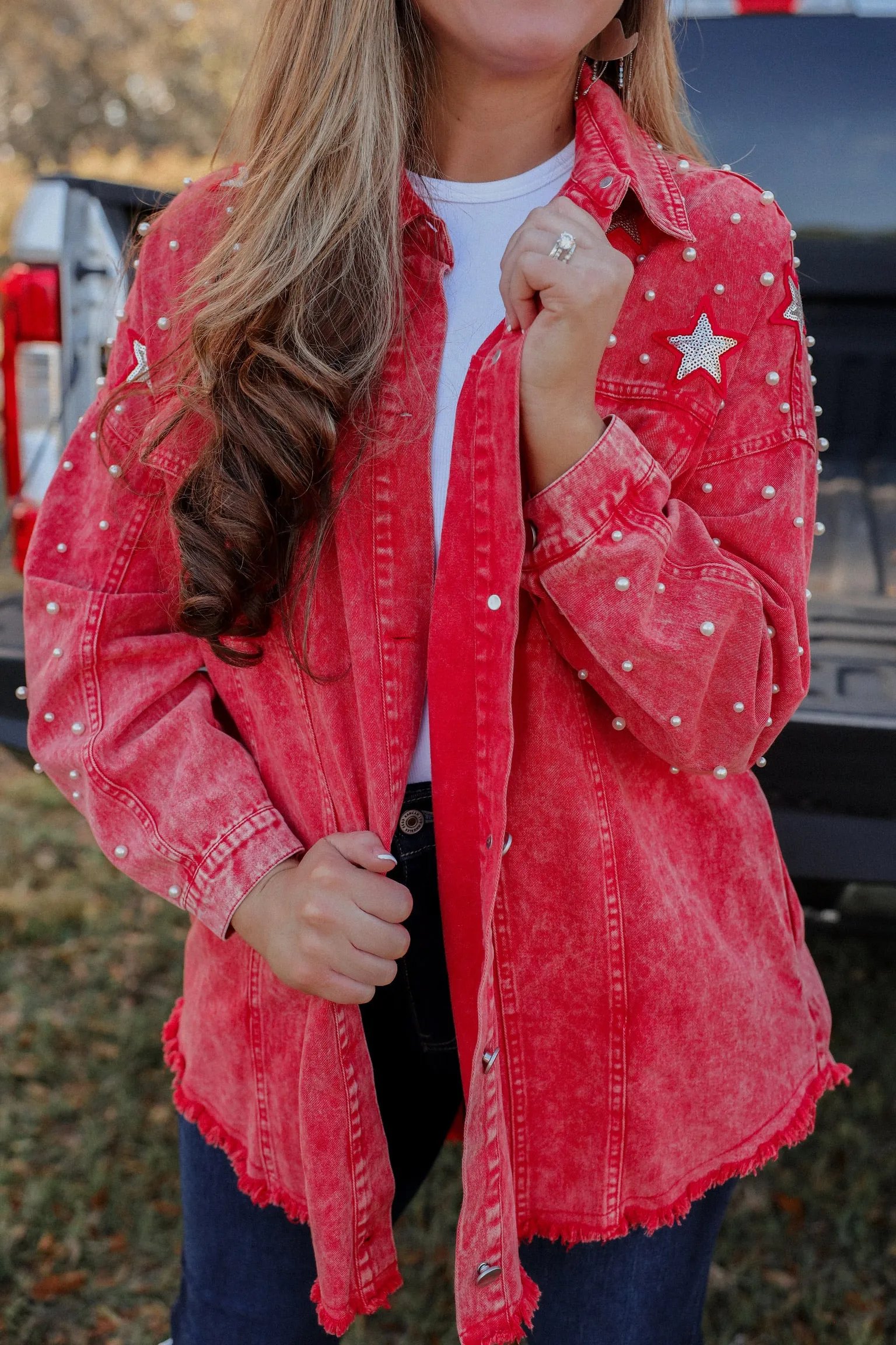 Bristol Pearls N Bling Denim Shacket - Red