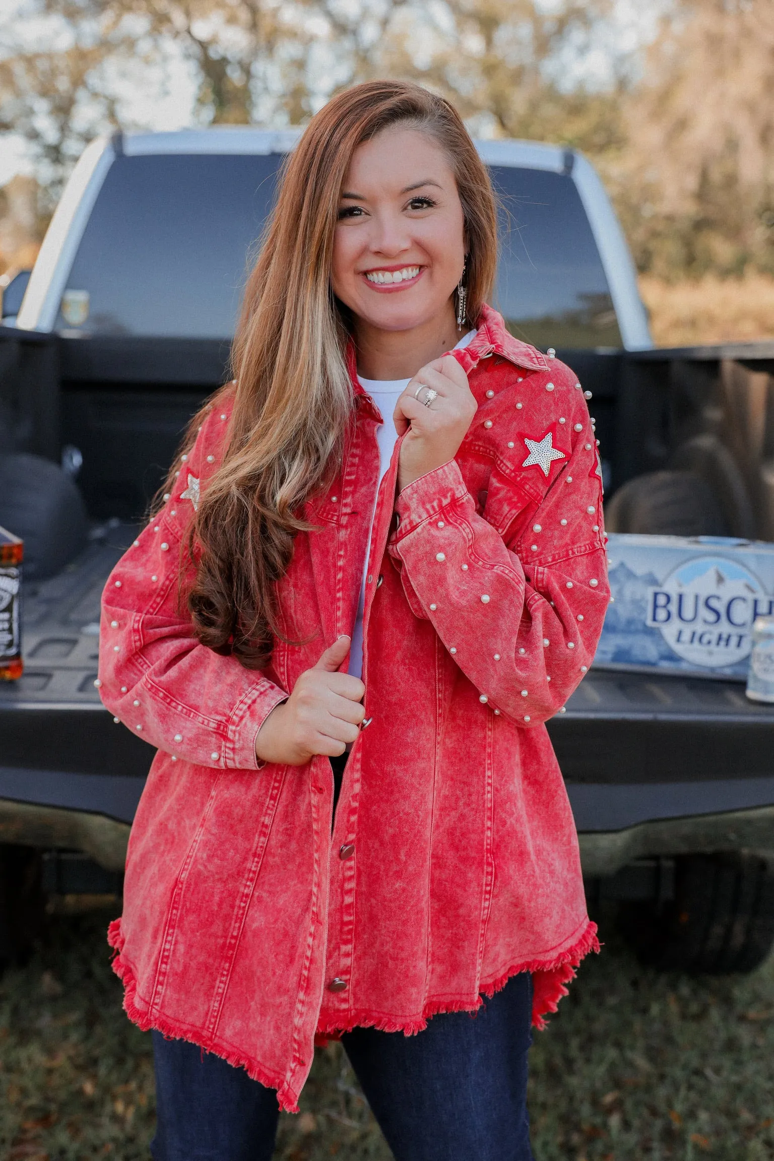 Bristol Pearls N Bling Denim Shacket - Red