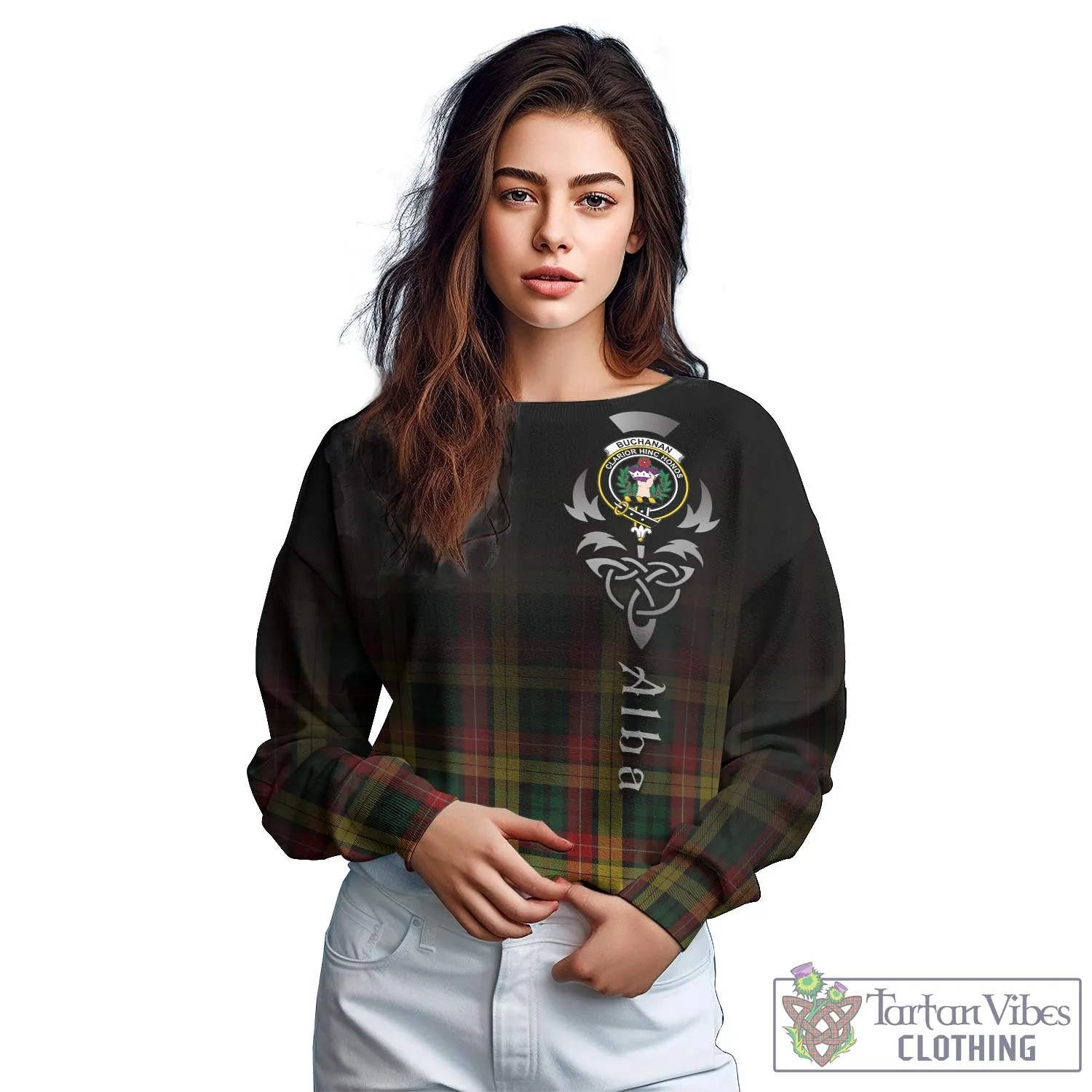 Buchanan Tartan Sweatshirt Featuring Alba Gu Brath Family Crest Celtic Inspired