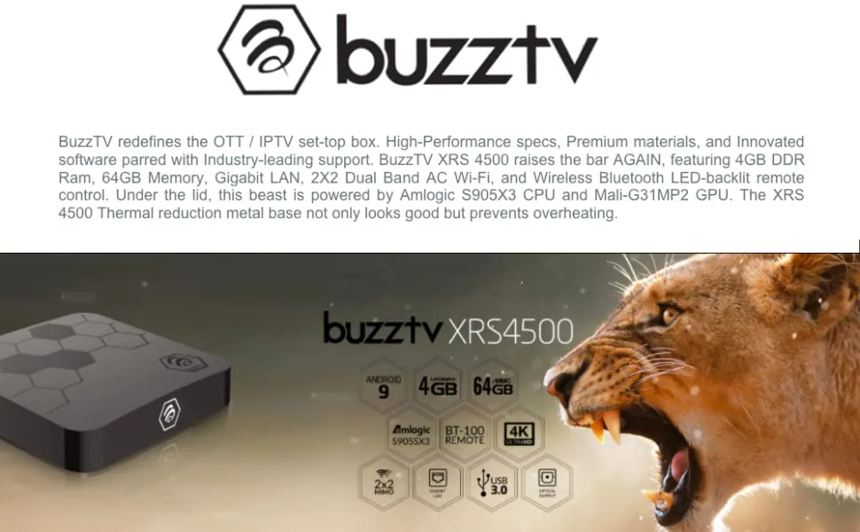 BuzzTV XRS4500 MAX - Android 9 Set-Top Box 4K Ultra HD - 4GB RAM 64GB Storage (BRAND NEW)