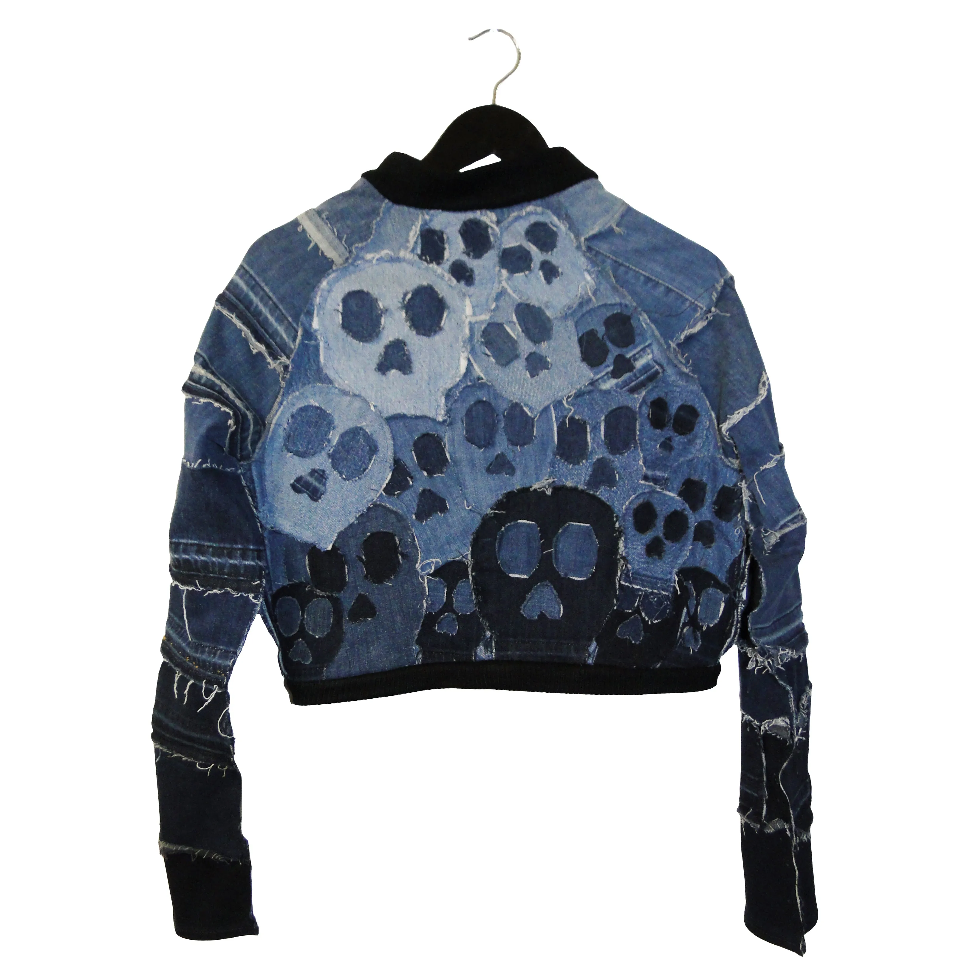 Calling All Skeletons - Upcycled denim bomber jacket