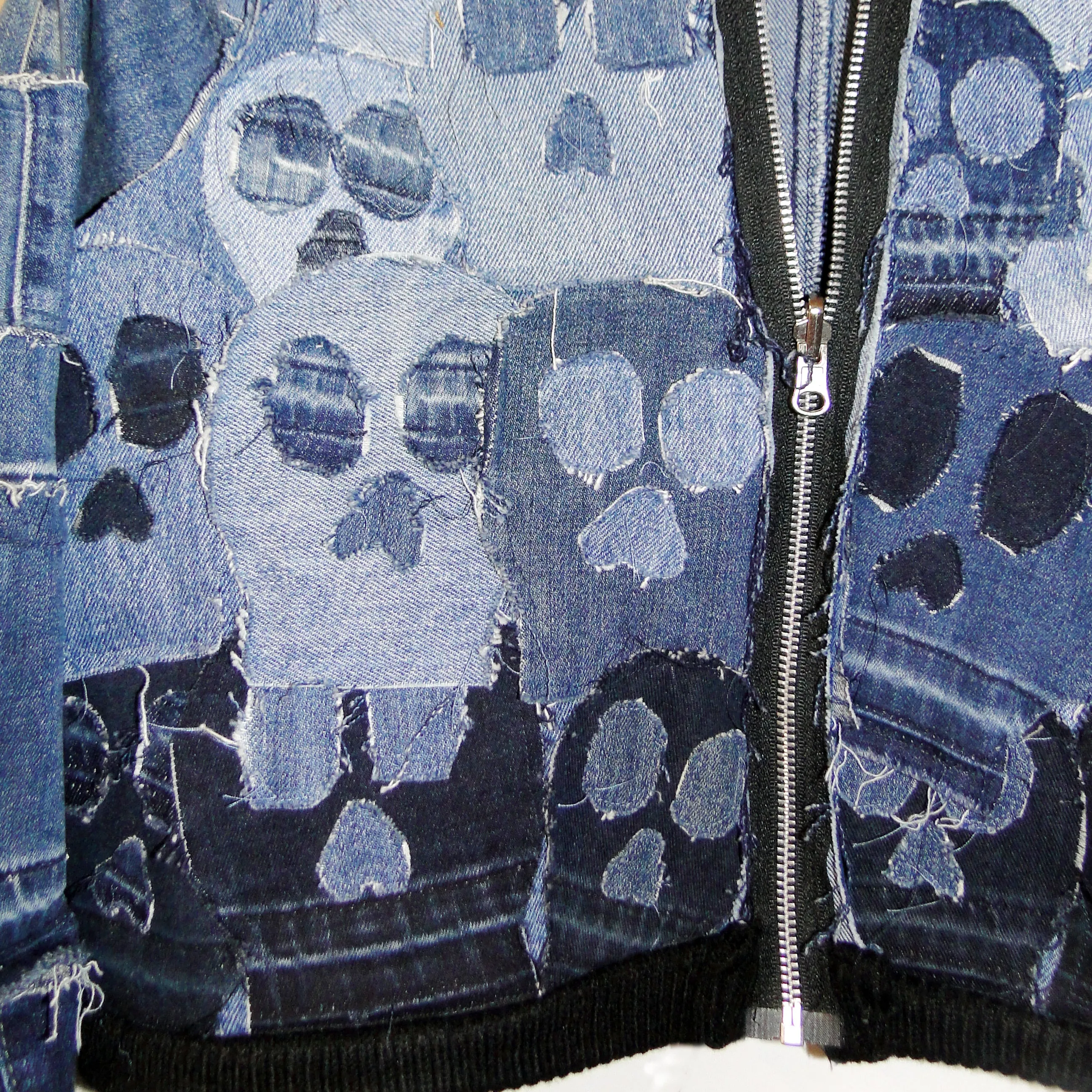 Calling All Skeletons - Upcycled denim bomber jacket