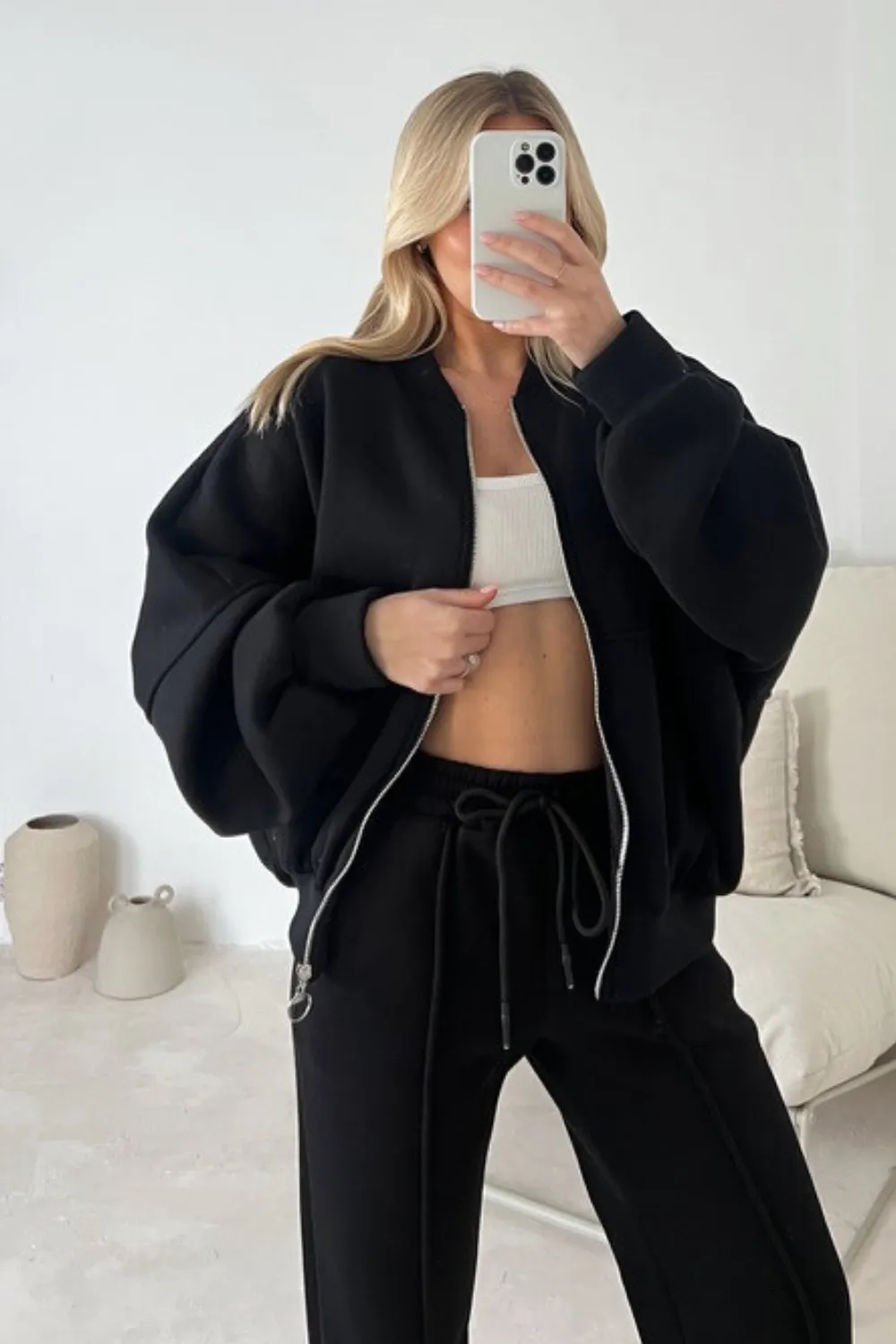 Camille black bomber jacket and straight leg jogger loungewear