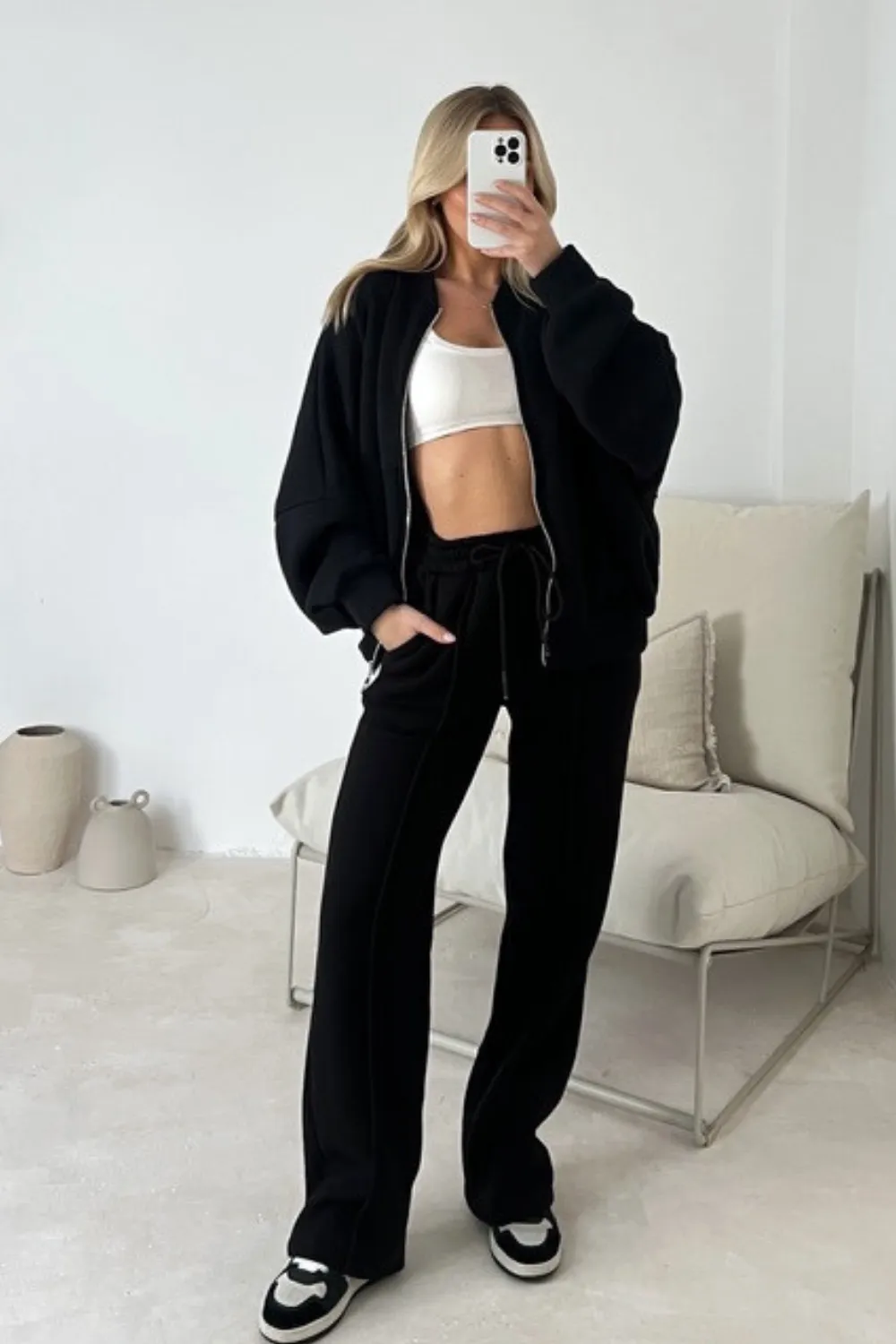 Camille black bomber jacket and straight leg jogger loungewear