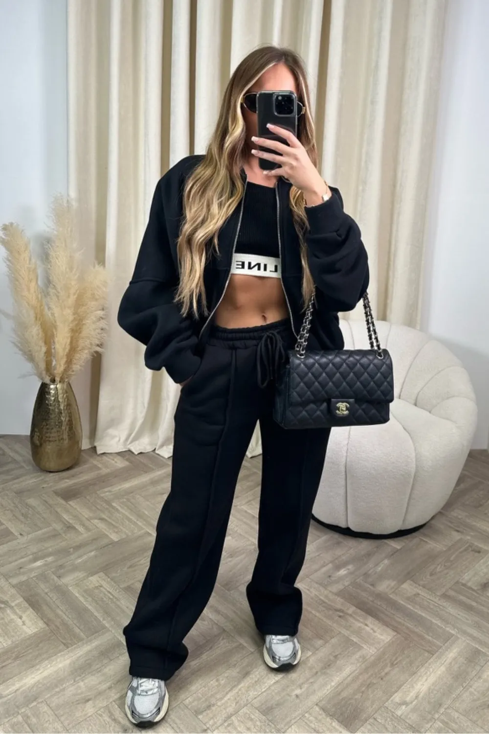 Camille black bomber jacket and straight leg jogger loungewear