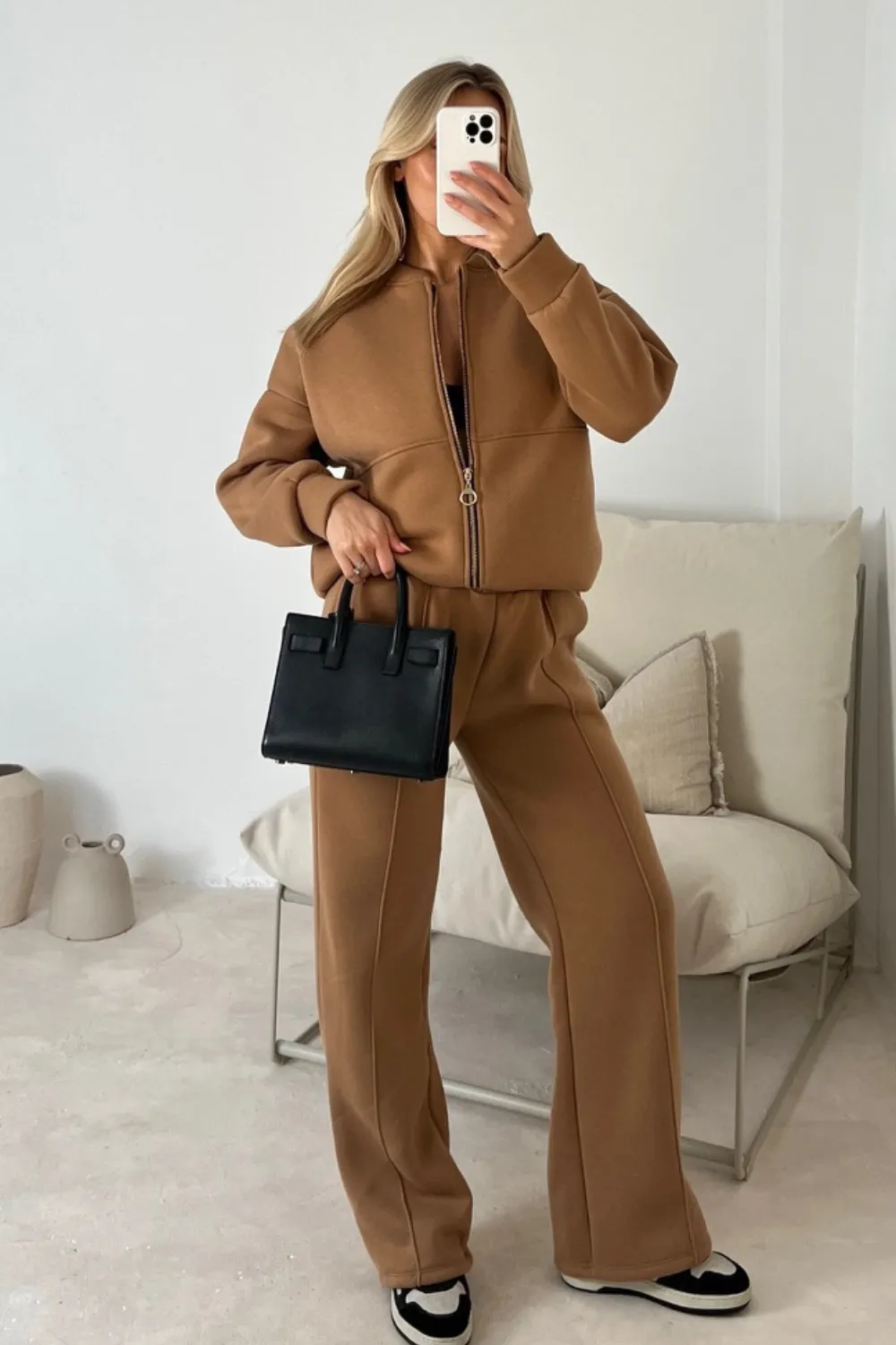 Camille camel bomber jacket and straight leg jogger loungewear