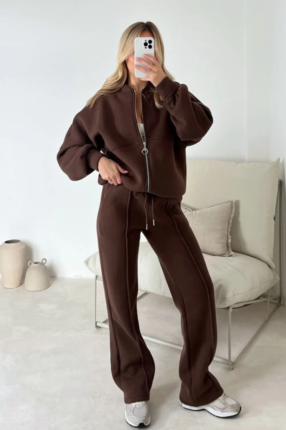 Camille chocolate bomber jacket and straight leg jogger loungewear