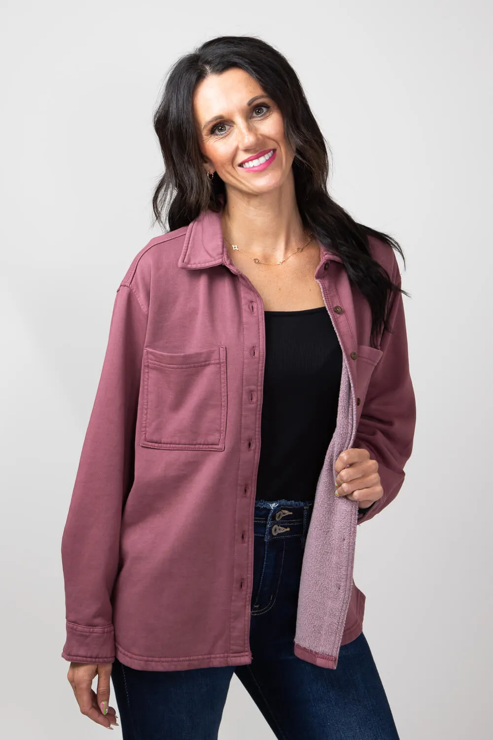 C&C California Martina Sunwashed Fleece Shacket for Women in Berry | 89B02884A-J531-BERRY