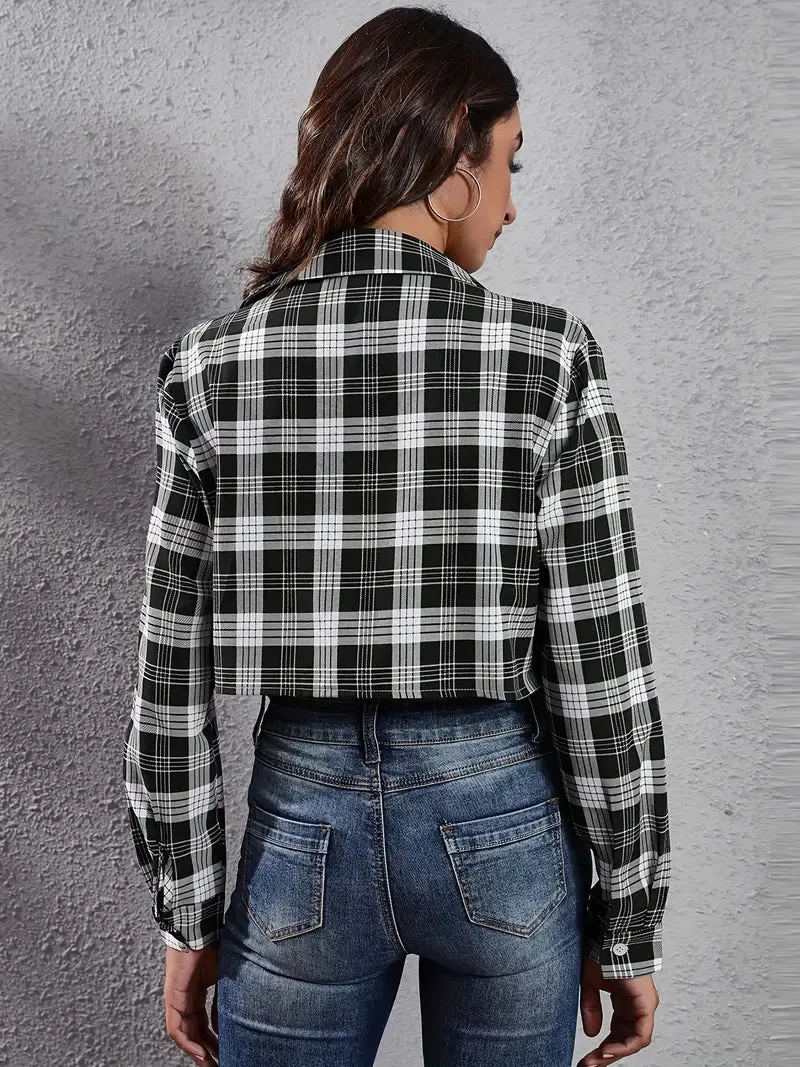 Casual Turn Down Plaid Print Cropped Shirt