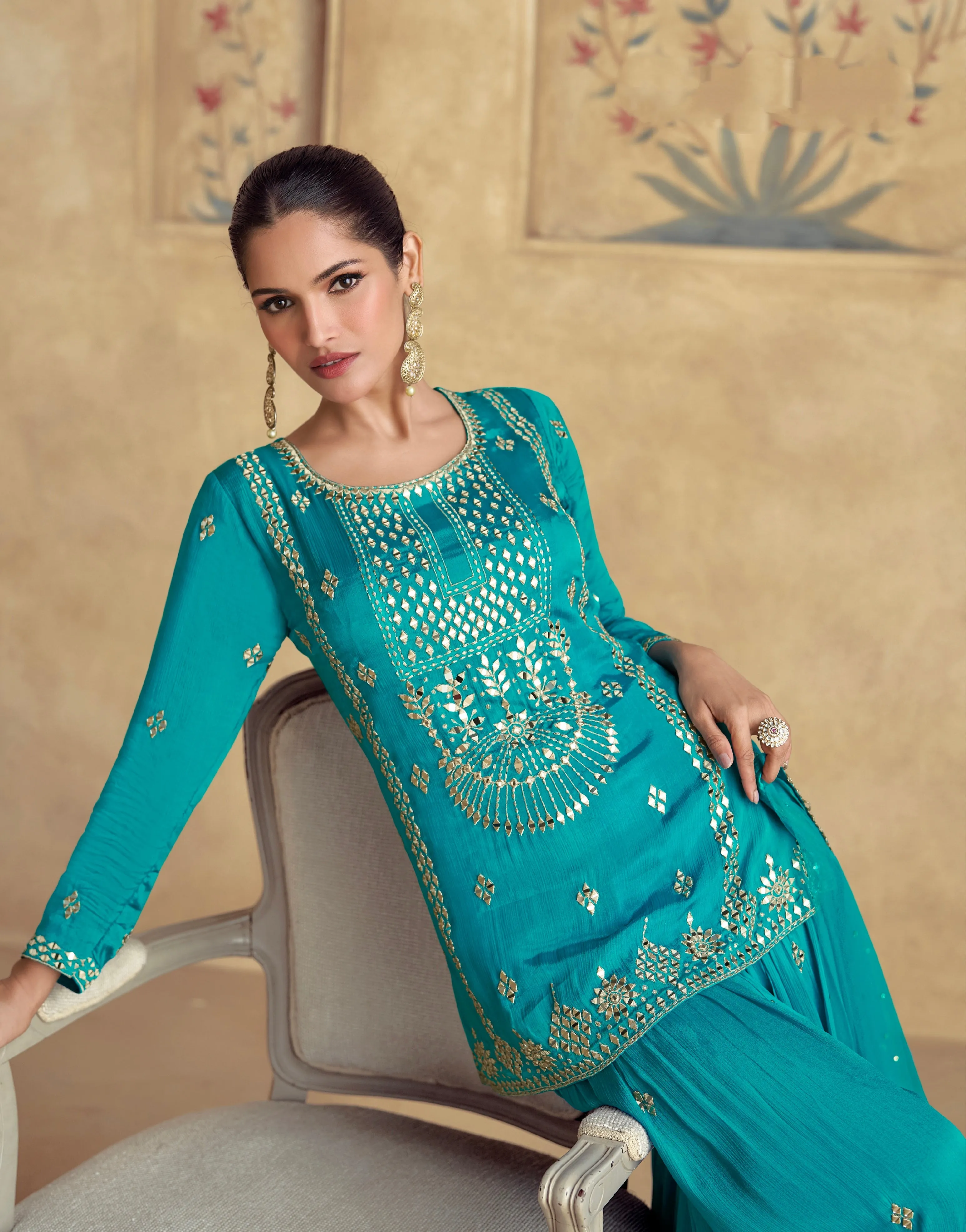 Chic Teal Chinnon Silk Palazzo Suit & Premium Net Embroidered Dupatta