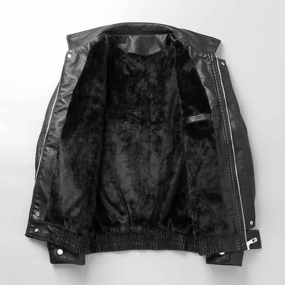 Classic Solid Black Thickened Punk PU Leather Jacket