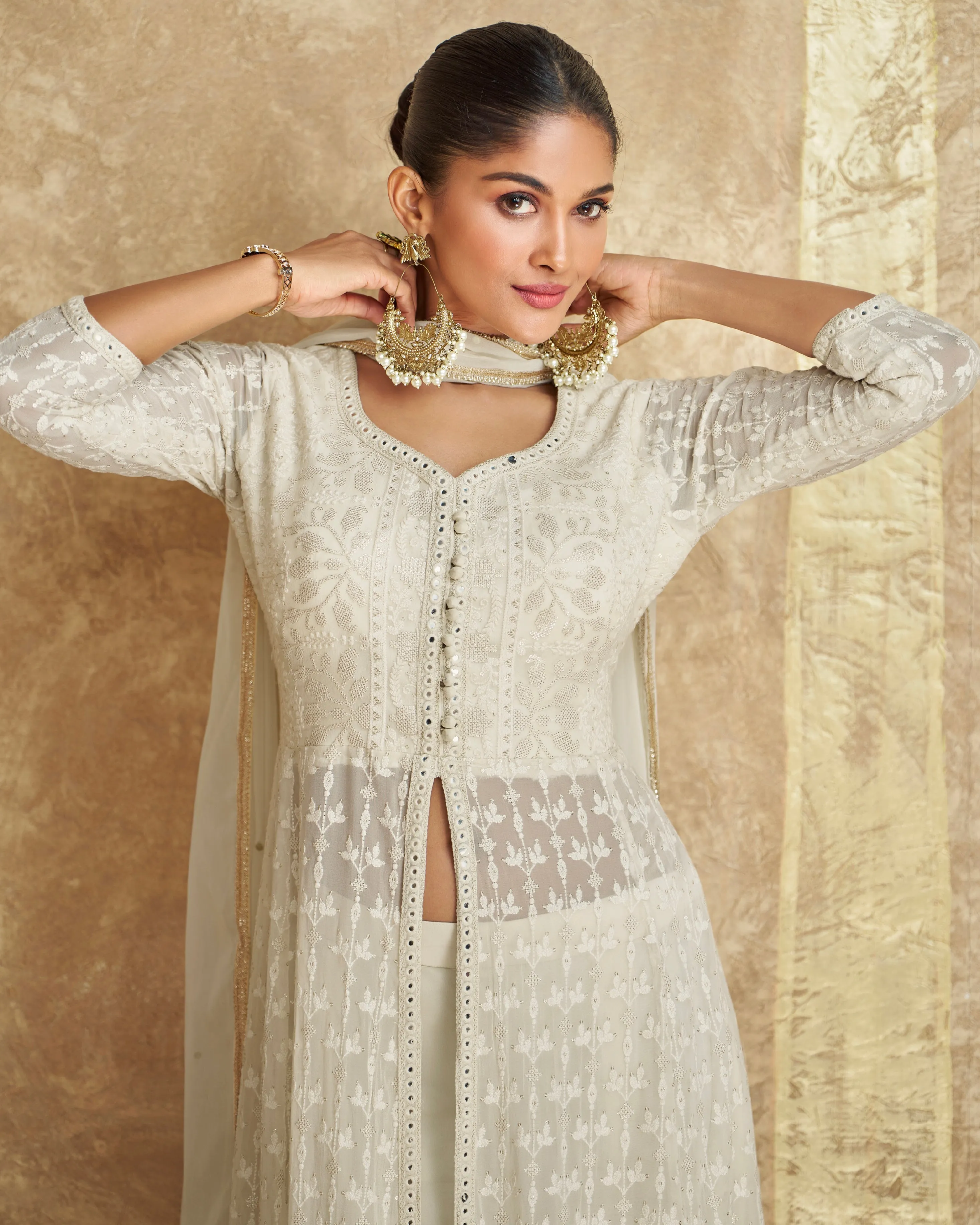 Classic White Georgette Embroidered Palazzo Suit Set