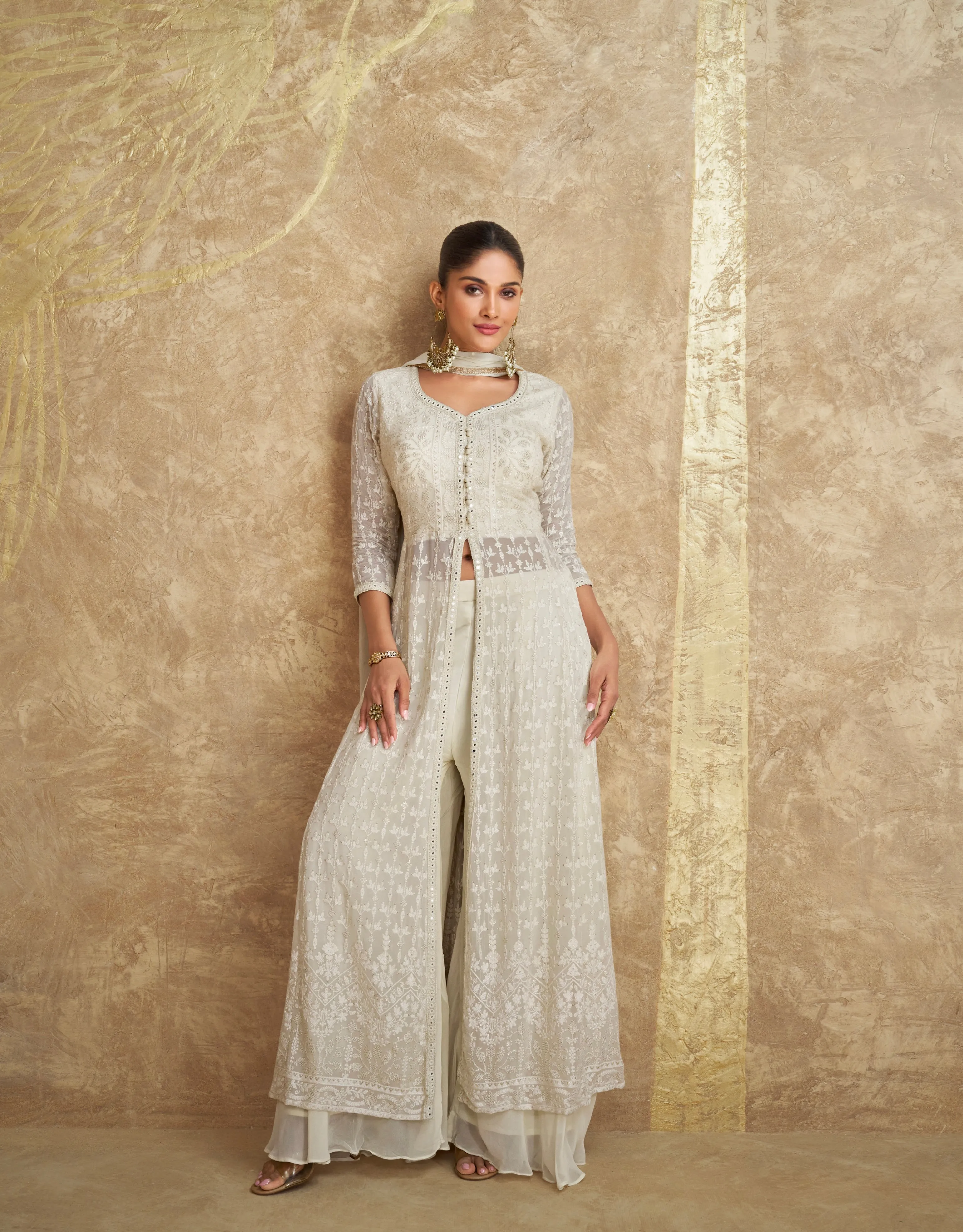 Classic White Georgette Embroidered Palazzo Suit Set