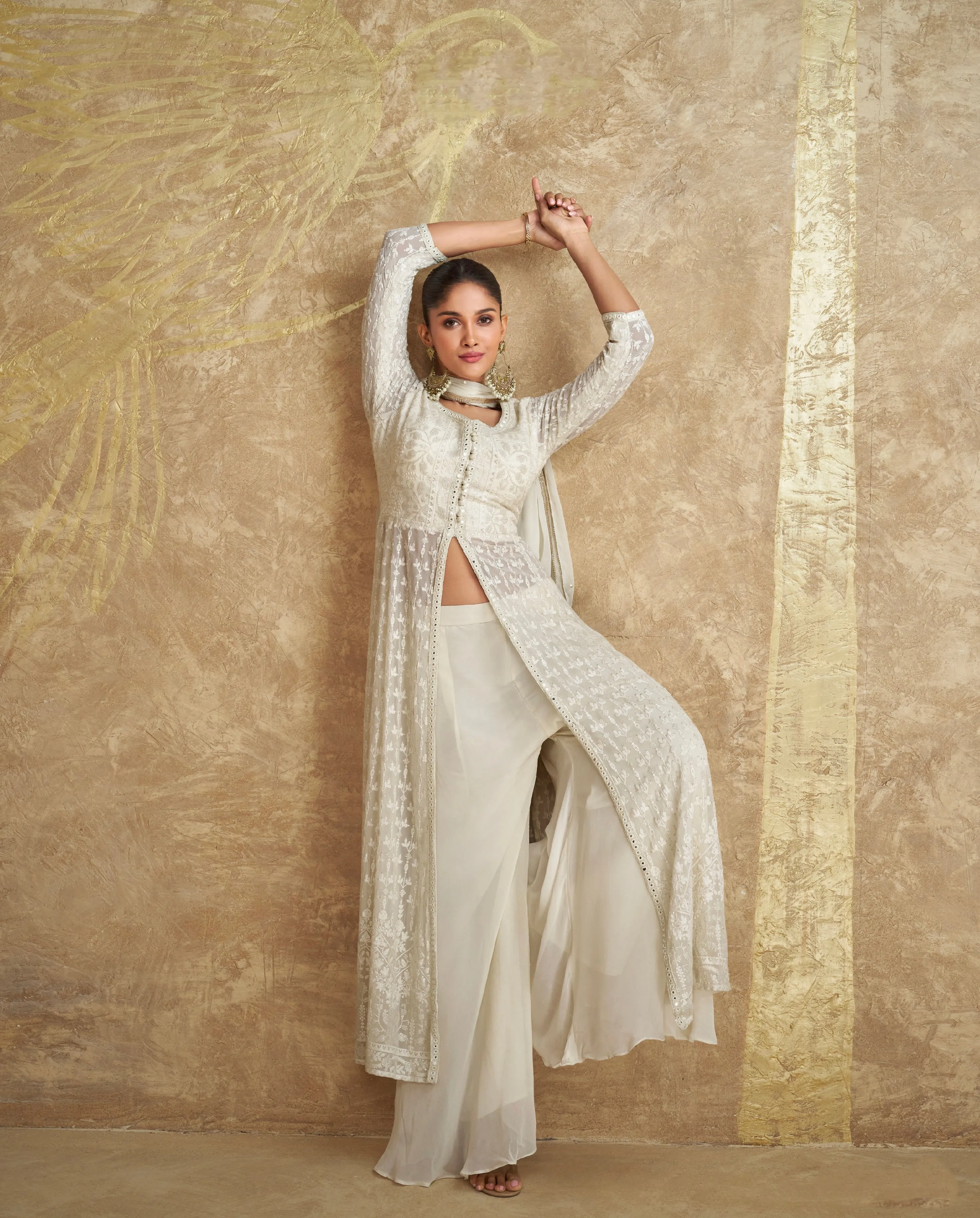 Classic White Georgette Embroidered Palazzo Suit Set