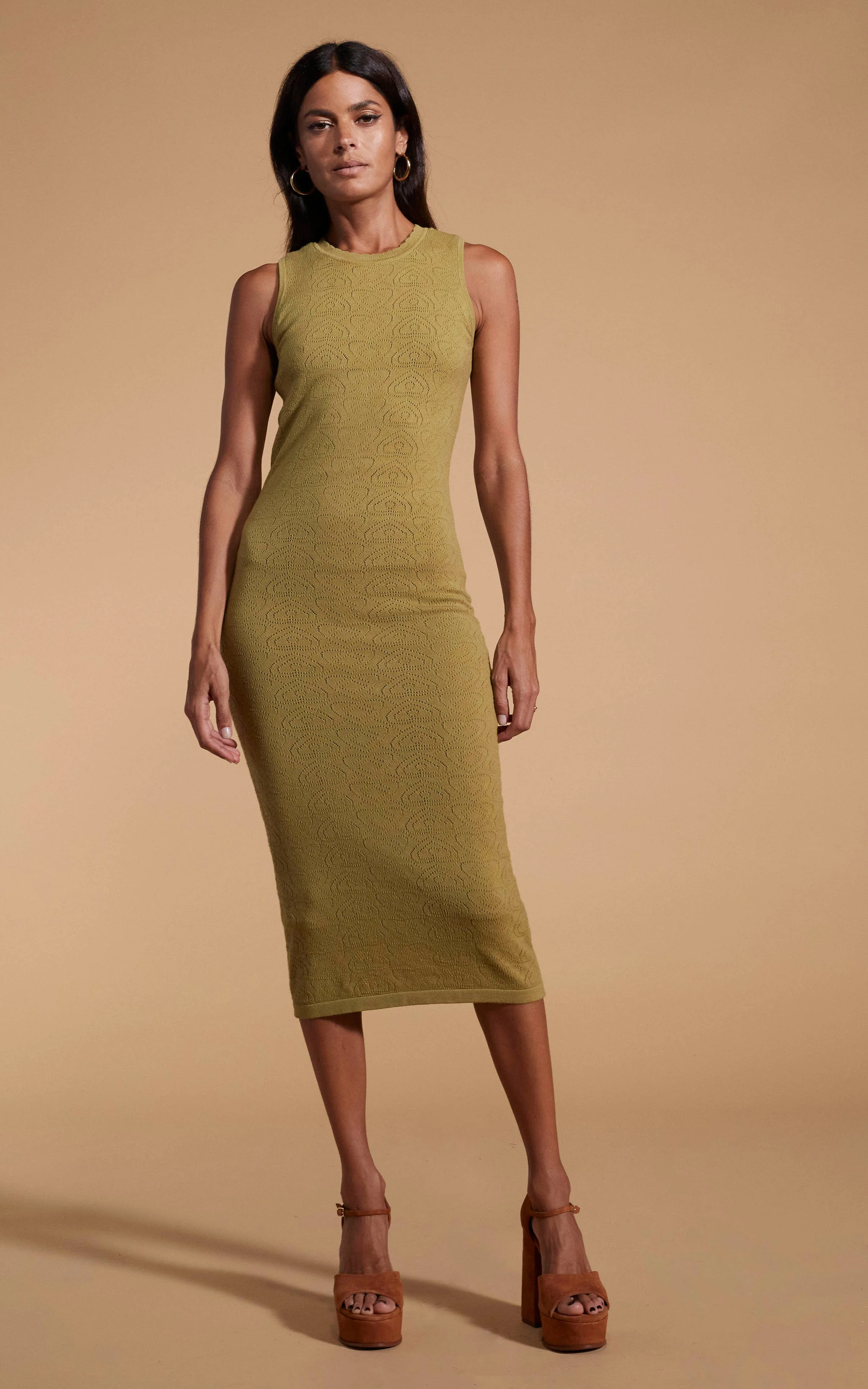 Cleo Pointelle Midi Dress in Khaki