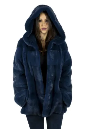 Coat in mink Cobalt Blue Hooded