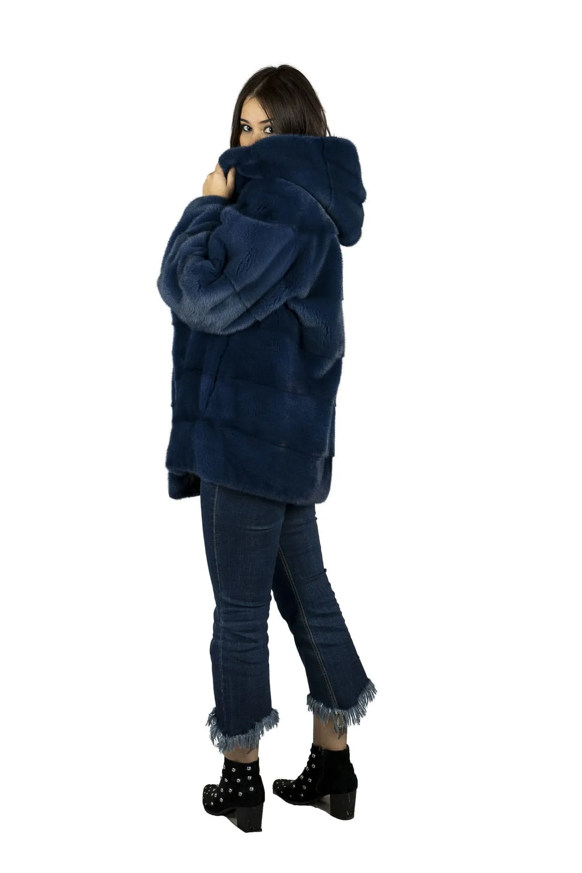 Coat in mink Cobalt Blue Hooded