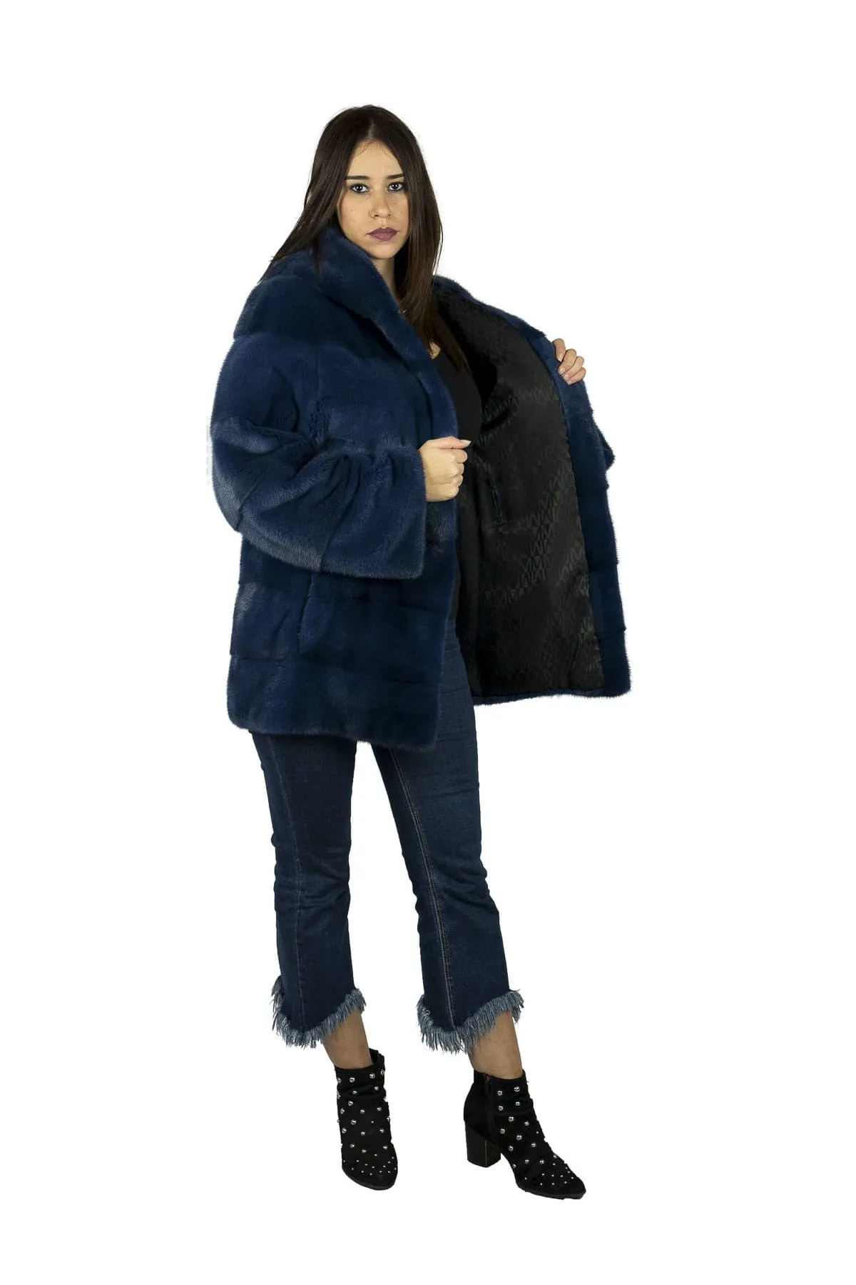 Coat in mink Cobalt Blue Hooded