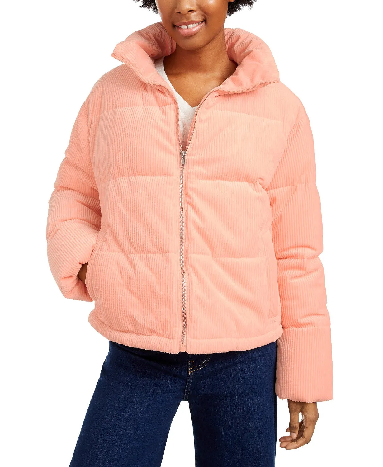 Collection B Juniors' Cropped Corduroy Puffer Coat Pink Size Small