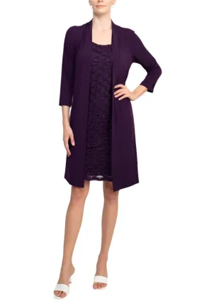 Connected Apparel Scoop Neckline 3/4 Sleeves Pull Over Short Metallic Knit Dress with Attached Jacket