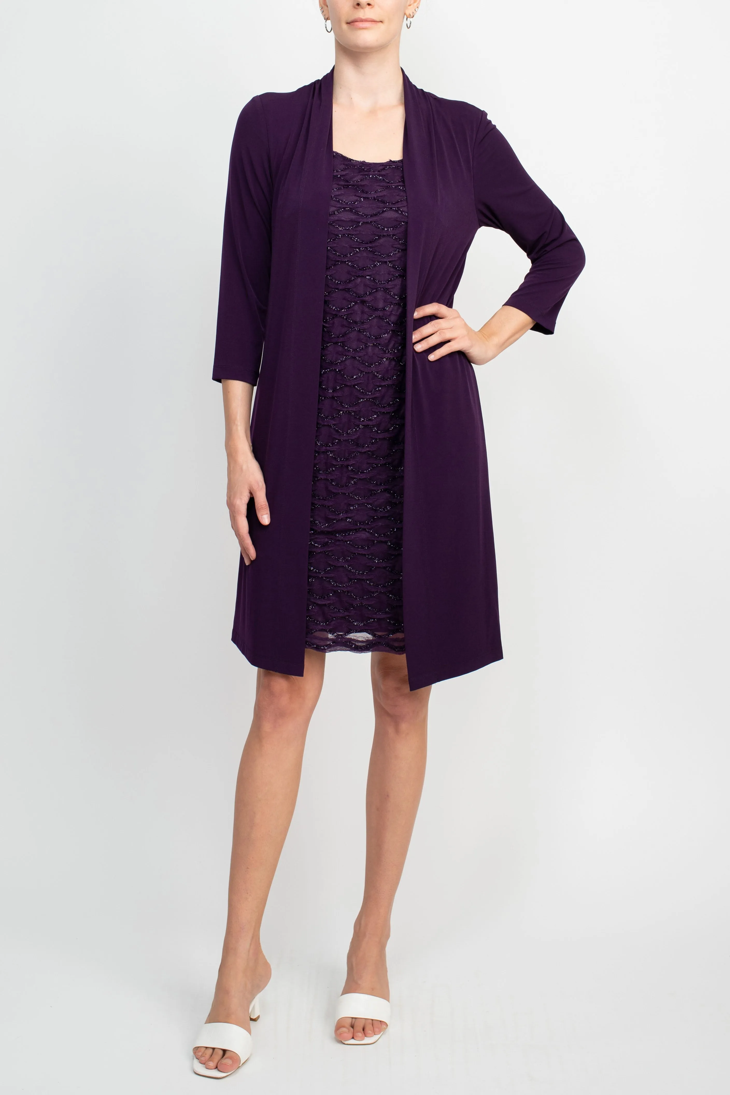 Connected Apparel Scoop Neckline 3/4 Sleeves Pull Over Short Metallic Knit Dress with Fixed Jacket