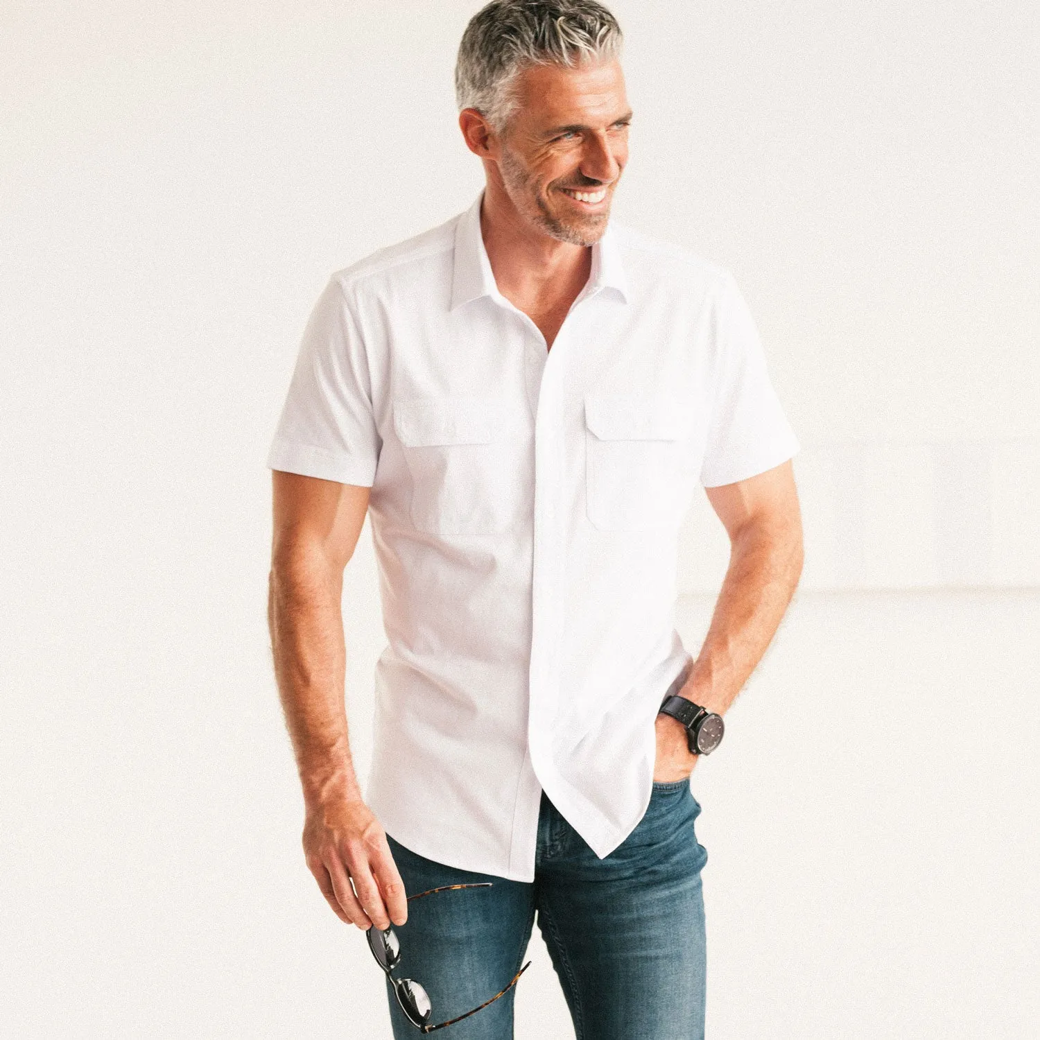 Constructor Knit Utility Short Sleeve Shirt – Pure White Cotton Jersey