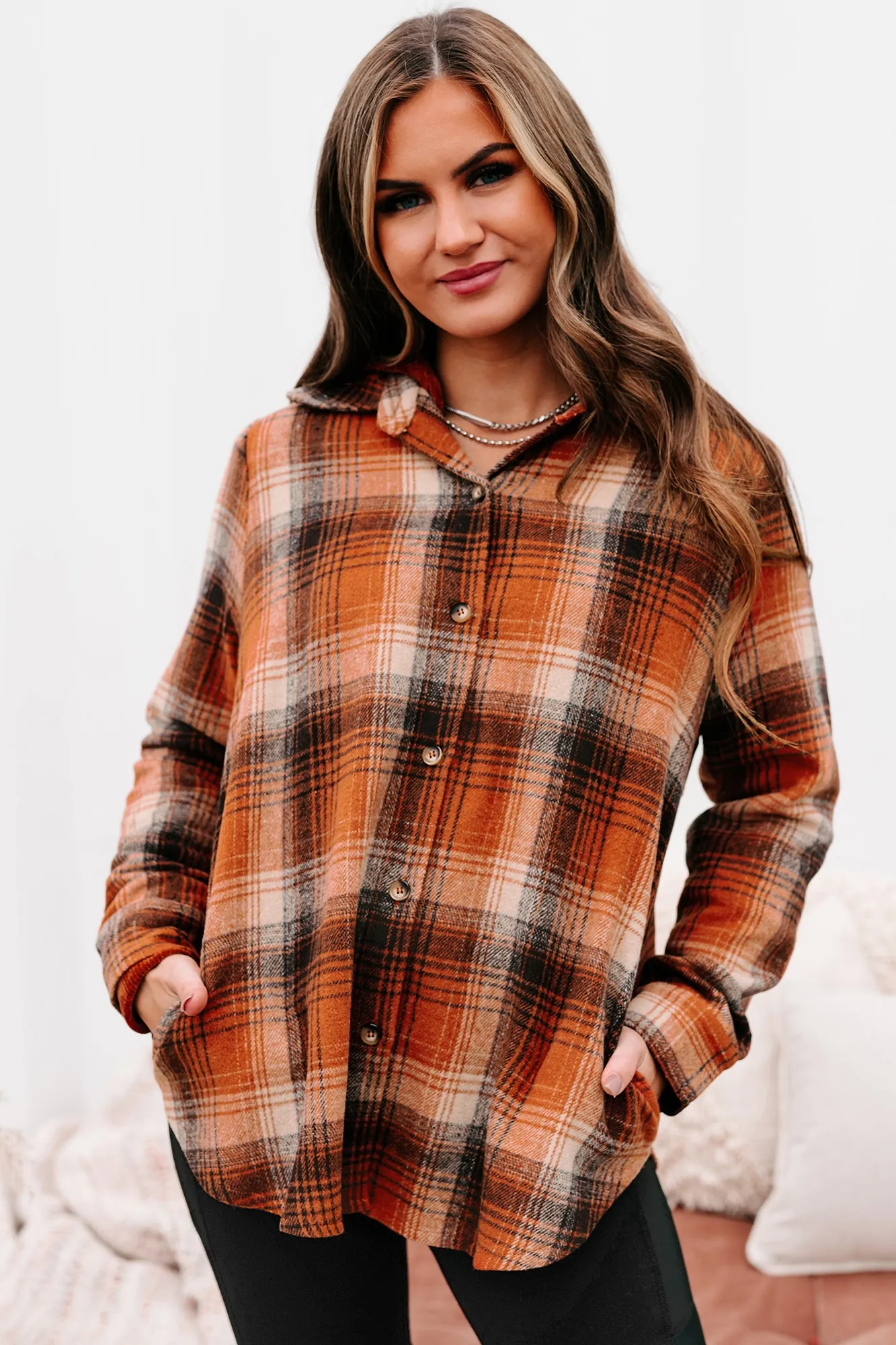 Counting Leaves Oversized Plaid Shacket (Rust)