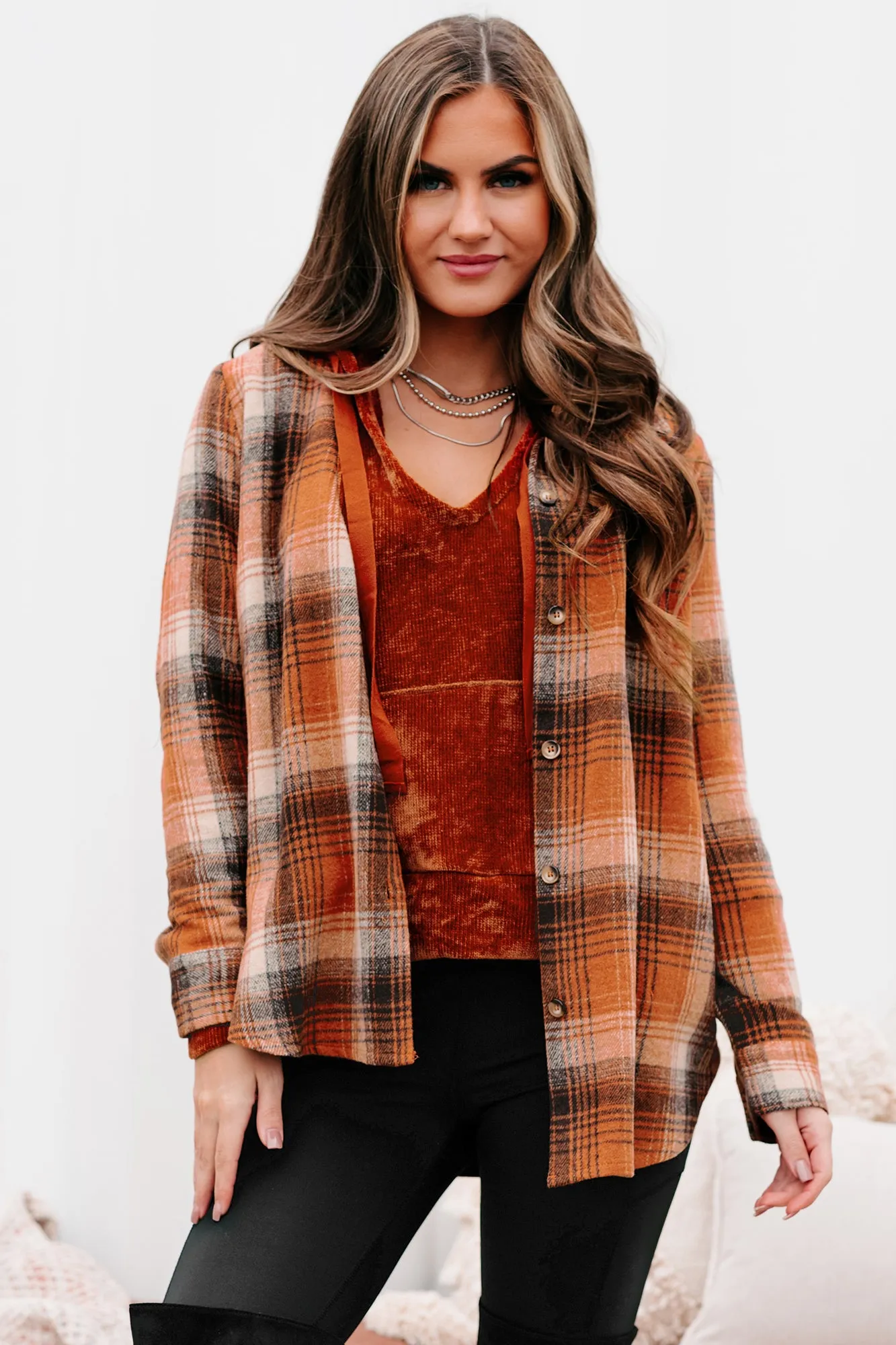 Counting Leaves Oversized Plaid Shacket (Rust)