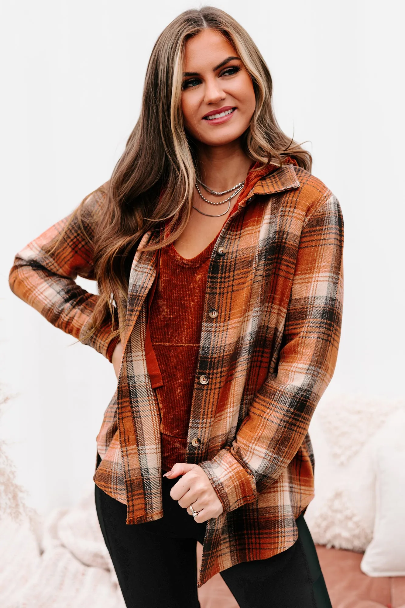 Counting Leaves Oversized Plaid Shacket (Rust)