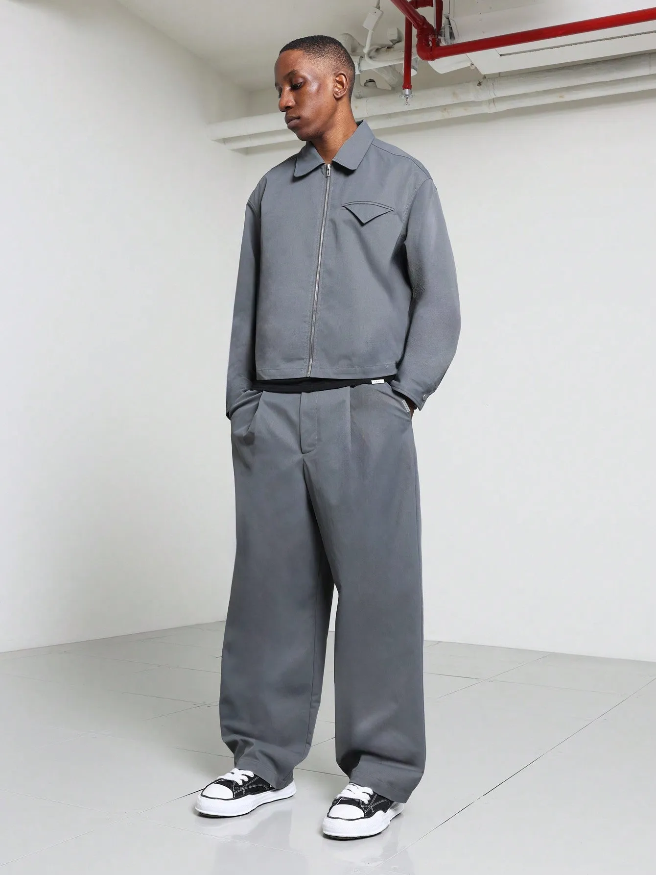 Cropped Zip Through Nylon Jacket And Baggy Skater Fit Pant 2 Piece Set