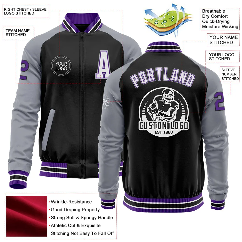 Custom Black Purple-Gray Bomber Varsity Letterman Two Tone Zipper Jacket