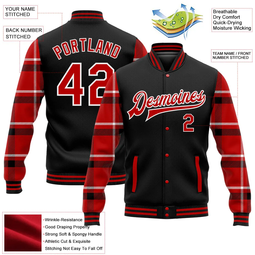 Custom Black Red-White Classic Western Plaid 3D Pattern Design Bomber Full-Snap Varsity Letterman Jacket